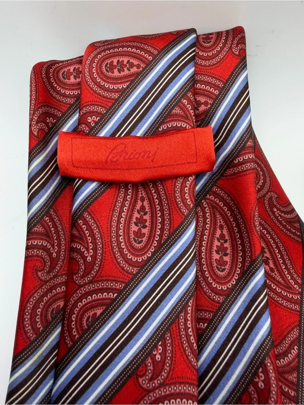 Brioni Silk Tie Red Paisley Blue Brown Stripe Handmade Italy Luxury Necktie